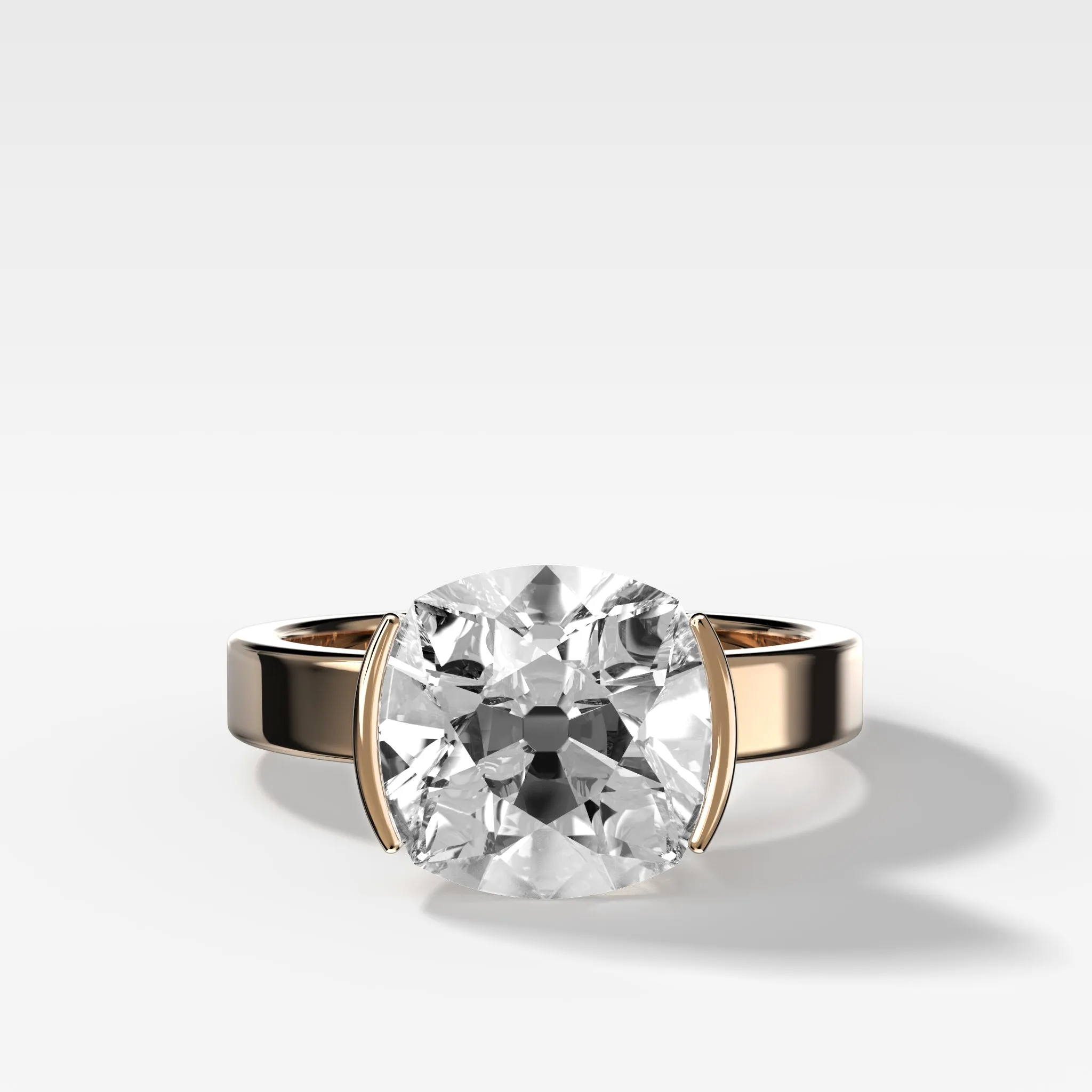 Finest Half Bezel Solitaire Engagement Ring With Old Mine Cut Diamond